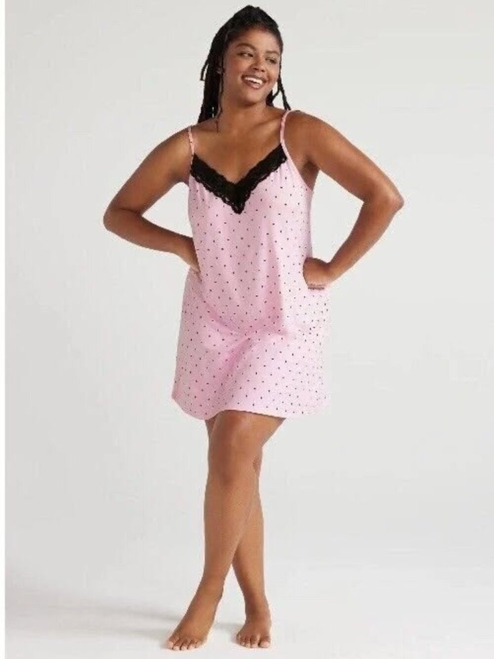 Joyspun Women’s Lace Trim Knit Chemise Color Pink & Black Polkadot Sail size S